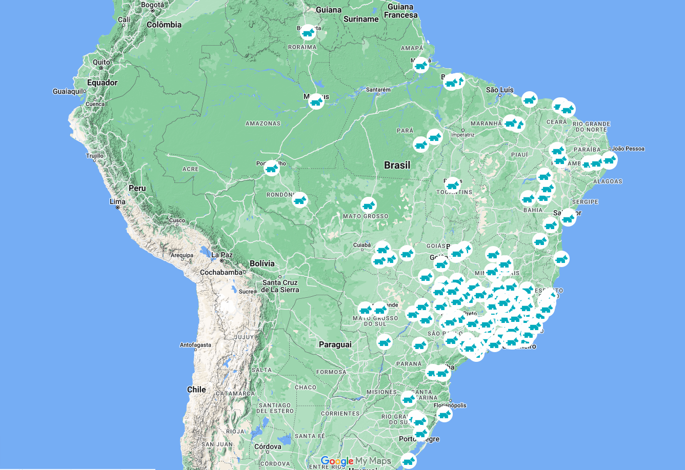 Mapa de cobertura Montapet pelo Brasil e América Latina